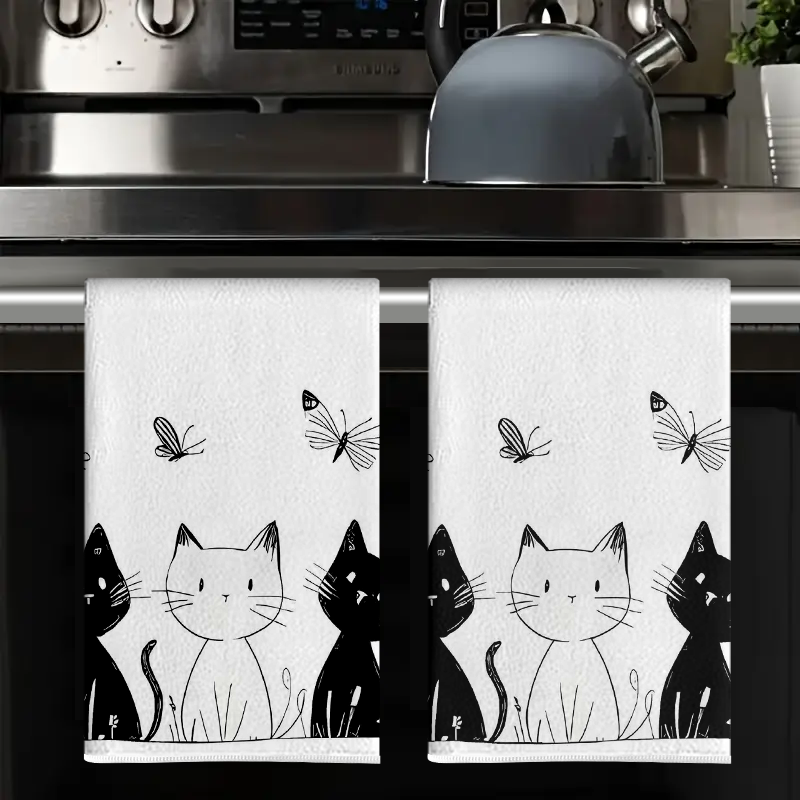 Home Cooking For Cats - 2 ชิ้น, ผ้าเช็ดครัวลายแมวและผีเสื้อสีดำและสีขาว, ชุดผ้าเช็ดมือขนาด 40 ซม.*