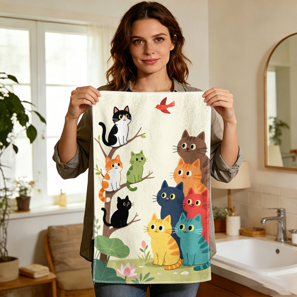 Home Cooking For Cats - 1 ชิ้น/2 ชิ้น ผ้าเช็ดครัวลายการ์ตูนแมว-ผ้าเช็ดจานโพลีเอสเตอร์ดูดซับได้ดี นำกลับมาใช้ใหม่ได้ เหมาะสำหรับตกแต่งบ้าน