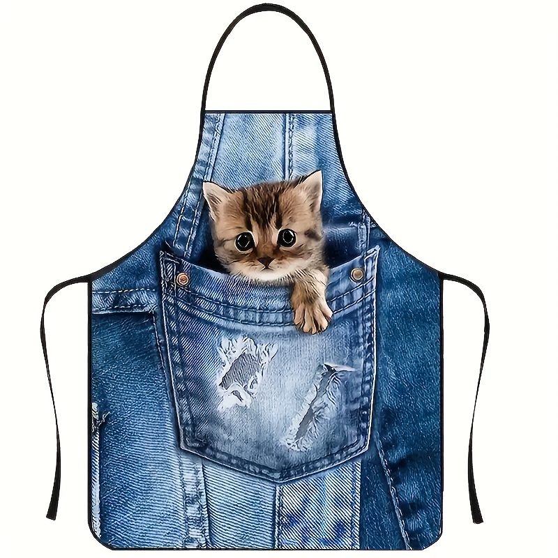 Home Cooking For Cats - ผ้ากันเปื้อนครัวแมวกระเป๋าสีฟ้ายีนส์น่ารัก 1 ชิ้น เหมาะสําหรับทําอาหาร เบเกอรี่ ทําความสะอาดบ้าน