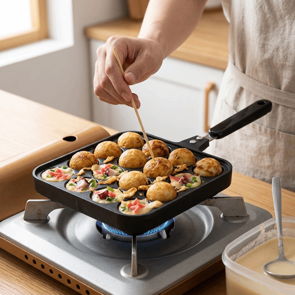 Takoyaki Pan Cast - กระทะย่างทาโกะยากิ 16 หลุม ฉนวนกันความร้อน ด้ามจับป้องกันการลวก ถาดทำอาหารอะลูมิเนียมหล่อ