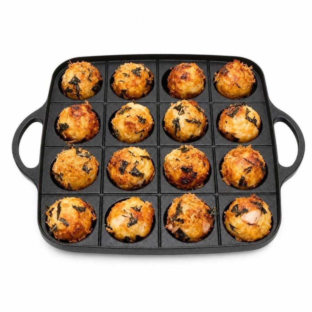 Takoyaki Pan Cast - กระทะทาโกะยากิสีดำทนทาน กระทะทำอาหารอลูมิเนียมหล่อแบบไม่ติดกระทะ 16 หลุม พร้อมด้ามจับคู่ กระทะย่างทาโกะยากิสำหรับทำขนมญี่ปุ่นแบบโฮมเมด